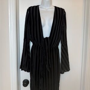 House of Harlow 1960 Sheer Black Velvet Striped Deep V Neck Jumpsuit